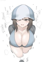 Rule 34 | 1girl, blush, breasts, brown eyes, brown hair, cleavage, from above, girls und panzer, highres, jacket, keizoku military uniform, large breasts, long hair, looking at viewer, mika (girls und panzer), open clothes, open jacket, open mouth, text focus, tulip hat, urabashi, white background
