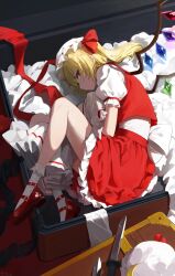 Rule 34 | 1girl, back bow, blonde hair, bobby socks, bow, closed mouth, commentary request, crescent, crescent hat ornament, crystal, curled up, dress, etzuxi, flandre scarlet, frilled skirt, frills, full body, hat, hat ornament, hat ribbon, highres, hugging object, knife, looking at viewer, lying, mary janes, medium hair, mob cap, on side, puffy short sleeves, puffy sleeves, red eyes, red footwear, red ribbon, red skirt, red vest, ribbon, shirt, shoes, short sleeves, sideways glance, skirt, socks, solo, touhou, vest, white dress, white hat, white shirt, white socks, wings