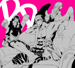 Rule 34 | 1boy, 3girls, abs, apron, baby 5, belt, blouse, cigarette, clenched teeth, color background, couch, donquixote doflamingo, donquixote pirates, dress, feathered wings, feathers, glasses, greyscale, grin, harpy, initials, long hair, m1 bazooka, maid, maid apron, maid headdress, monet (one piece), monochrome, monocle, monster girl, multiple girls, one piece, open clothes, open mouth, open shirt, pink background, polka dot, polka dot dress, rocket launcher, serious, shirt, shorts, siblings, sisters, sitting, smile, sugar (one piece), sunglasses, sword, teeth, waist apron, weapon, winged arms, wings, xla009