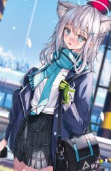 Rule 34 | 1girl, absurdres, alter (kxk7357), animal ear fluff, animal ears, bag, blazer, blue archive, blue eyes, blue necktie, blue scarf, blue sky, blurry, blush, breast pocket, building, cellphone, cloud, cloudy sky, collared shirt, commentary, cross hair ornament, depth of field, extra ears, falling petals, gloves, green gloves, grey hair, guard rail, hair between eyes, hair ornament, halo, highres, holding, holding phone, id card, jacket, long sleeves, looking at viewer, medium hair, mismatched pupils, necktie, open clothes, open jacket, parted lips, petals, phone, plaid, plaid skirt, pleated skirt, pocket, scarf, school bag, school uniform, shiroko (blue archive), shirt, shoulder bag, sidelocks, skirt, sky, skyscraper, smartphone, solo, two-tone gloves, wolf ears, wolf girl