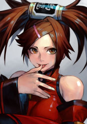 Rule 34 | 1girl, arc system works, breasts, brown eyes, brown hair, china dress, chinese clothes, detached sleeves, dress, guilty gear, guilty gear xrd, hair ornament, hair ribbon, hair tubes, hairclip, hungry clicker, impossible clothes, impossible dress, kuradoberi jam, licking, licking finger, long hair, medium breasts, portrait, red dress, ribbon, solo, tongue, tongue out, very long hair, wide sleeves