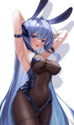 Rule 34 | 1girl, absurdres, andamiro, animal ears, armpits, arms behind head, arms up, azur lane, bare shoulders, blue eyes, blue hair, blush, bodysuit, cleavage, covered navel, cowboy shot, highres, leotard, long hair, looking at viewer, new jersey (azur lane), new jersey (exhilarating steps!) (azur lane), open mouth, pantyhose, playboy bunny, rabbit ears, see-through, see-through cleavage, simple background, thighband pantyhose, thighs, white background