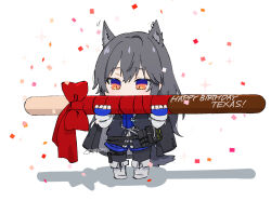 Rule 34 | 1girl, animal ears, arknights, artist name, black coat, black hair, black pantyhose, black vest, blue eyes, blue gloves, blue necktie, blue shorts, blush, bow, character name, chibi, citron80citron, coat, commentary, confetti, ear piercing, fingerless gloves, food, full body, gloves, gradient eyes, hair between eyes, happy birthday, holding, holding food, holding pocky, long hair, long sleeves, multicolored eyes, necktie, official alternate costume, orange eyes, oversized food, oversized object, pantyhose, pantyhose under shorts, piercing, pocky, red bow, shirt, shorts, sidelocks, simple background, solo, sparkle, tail, texas (arknights), texas the omertosa (arknights), thigh strap, vest, white background, white footwear, white shirt, wolf ears, wolf girl, wolf tail