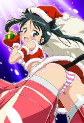 Rule 34 | 00s, 1girl, animal ears, ass, blush, christmas, crotch, fang, francesca lucchini, gift, gloves, hat, makaizou, open mouth, panties, pantyshot, santa costume, santa hat, smile, snow, solo, strike witches, striped clothes, striped panties, tail, twintails, underwear, world witches series