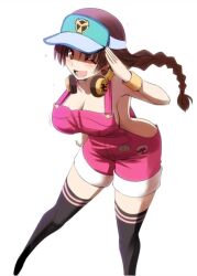 Rule 34 | 1girl, alternate costume, blush, breasts, brown eyes, brown hair, cleavage, full body, headphones, large breasts, naked overalls, one eye closed, overalls, ryuuko no ken, shoes, short hair, smile, sneakers, snk, snk heroines: tag team frenzy, solo, the king of fighters, thighhighs, tonpuu, white background, wink, yuri sakazaki