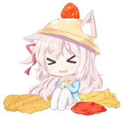 Rule 34 | &gt; &lt;, 1girl, animal ears, azur lane, bailingxiao jiu, blue shirt, blush, bow, bowtie, cat ears, chibi, commentary request, cream, ears through headwear, food, french fries, fruit, full body, hair between eyes, hair ribbon, hat, highres, ketchup, kindergarten uniform, kisaragi (azur lane), long hair, long sleeves, no shoes, one side up, own hands together, parted lips, pink hair, pleated skirt, red ribbon, ribbon, school hat, shirt, sidelocks, simple background, sitting, skirt, solo, sparkle, strawberry, tears, thighhighs, very long hair, wavy mouth, white background, white thighhighs, yellow bow, yellow bowtie, yellow hat, yellow skirt