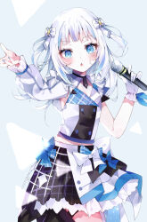 Rule 34 | 1girl, absurdres, asymmetrical sleeves, blue eyes, blue hair, blue nails, blunt bangs, bow, frilled skirt, frills, gawr gura, gloves, grey hair, hair bow, highres, holding, holding microphone, hololive, hololive english, hololive idol uniform (bright), long sleeves, medium hair, microphone, multicolored hair, puffy long sleeves, puffy sleeves, shark girl, shigureszku, simple background, single glove, skirt, solo, streaked hair, triangle mouth, two side up, virtual youtuber, white gloves