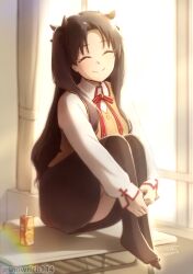 Rule 34 | black skirt, closed eyes, closed mouth, commentary request, desk, fate/stay night, fate (series), hair ribbon, highleg, highres, iida toyoyuki, juice box, long hair, long sleeves, ribbon, school uniform, skirt, smile, thighhighs, tohsaka rin, twintails, two side up, window