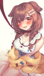 Rule 34 | 1girl, :d, absurdres, animal ears, bare shoulders, bed sheet, blush, bone hair ornament, braid, breasts, brown hair, cleavage, collar, collarbone, dog ears, dress, flying sweatdrops, hair ornament, highres, hololive, huge filesize, inugami korone, inugami korone (1st costume), jacket, leash, leehwa, long hair, long sleeves, looking at viewer, medium breasts, off shoulder, open clothes, open jacket, open mouth, red eyes, simple background, sitting, smile, solo, twin braids, viewer holding leash, virtual youtuber, white background, white dress, yellow jacket
