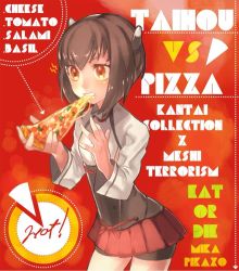 Rule 34 | 10s, 1girl, brown hair, cowboy shot, eating, english text, food, hair ornament, kantai collection, long sleeves, mika pikazo, orange eyes, personification, pizza, red background, short hair, simple background, skirt, solo, taihou (kancolle)