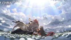 Rule 34 | 1boy, 1girl, ahoge, alchemy stars, black hair, brother and sister, cape, cloud, cloudy sky, commentary request, company name, copyright name, covered eyes, eve (alchemy stars), field, flower, flower field, hand on another&#039;s face, headband, highres, light rays, long hair, looking at another, mechanical arms, multicolored hair, official art, petals, red hair, screw, siblings, single mechanical arm, sinsa (alchemy stars), sky, sunbeam, sunlight, swept bangs