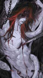 Rule 34 | 1boy, abs, armpits, arms up, base serpent messmer, blood, chain, elden ring, guanhaoniziji8, guro, hair intakes, highres, impaled, male focus, messmer the impaler, missing eye, nipple piercing, one eye closed, piercing, red hair, scar, scar on face, single nipple piercing, snake, solo, stab, toned, toned male, upper body, violence, weapon, white snake