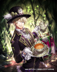 Rule 34 | 1boy, argyle, argyle clothes, argyle legwear, black hat, blonde hair, blue eyes, clock, cup, day, forest, formal, gabiran, gears, gloves, hat, hat feather, hat ornament, holding, holding plate, looking at viewer, male focus, nature, official art, one eye closed, outdoors, parted lips, plate, shin&#039;en resist, solo, standing, striped, suit, sunlight, table, tablecloth, teacup, teapot, vertical stripes, watermark, white gloves