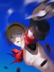 Rule 34 | 1girl, absurdres, aegis (persona), android, battle, blonde hair, blue background, blue eyes, bow, bowtie, bullet, dynamic pose, glowing, glowing eyes, hair between eyes, highres, looking up, motion blur, open mouth, persona, persona 3, persona 3 reload, red bow, red bowtie, ringed eyes, s.e.e.s, short hair, tenshuu93, upper body