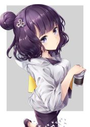 Rule 34 | 1girl, alternate hairstyle, animal print, bird print, black hair, black pants, casual, closed mouth, coffee cup, contemporary, cropped legs, cup, disposable cup, fate/grand order, fate (series), flower, from above, grey background, hair bun, hair flower, hair ornament, hairpin, hane yuki, highres, holding, holding cup, hood, hoodie, katsushika hokusai (fate), katsushika hokusai (traveling outfit) (fate), long sleeves, looking at viewer, official alternate costume, pants, purple eyes, purple hair, short hair, simple background, single hair bun, sketchbook, solo, walking, white background, white hoodie