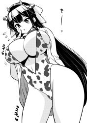 Rule 34 | 1girl, absurdres, alternate costume, animal ears, animal print, bell, black hair, blush, braid, breasts, cleavage, cow ears, cow girl, cow horns, cow print, cowbell, curvy, flying sweatdrops, goreijo takashima kiyono wa hisoka ni tashinamu, greyscale, hair ribbon, heart, highres, horns, large breasts, long hair, looking at viewer, monochrome, open mouth, perepere-kun, ribbon, solo, standing, sweat, swimsuit, takashima kiyono, thick thighs, thighs, tight clothes