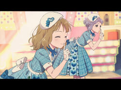 Rule 34 | 2girls, :o, beret, black border, blue dress, border, bow, brown hair, checkered clothes, checkered dress, closed eyes, clothing cutout, commentary, dress, flat chest, gloves, hand up, hat, heart, heart cutout, heart print, idol, idolmaster, idolmaster million live!, idolmaster million live! theater days, index finger raised, looking ahead, makabe mizuki, medium hair, multicolored background, multiple girls, purple hair, short hair, short sleeves, sidelocks, smile, stage, suou momoko, toji102m, white bow, white gloves, white headwear, yellow eyes