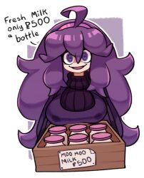 Rule 34 | 1girl, @ @, ahoge, alternate breast size, big hair, border, bottle, box, breast milk, breasts, commentary, creatures (company), dress, english text, game freak, hair between eyes, hairband, hex maniac (pokemon), kurt robinson, lactation, lactation through clothes, large breasts, long hair, long sleeves, looking at viewer, messy hair, milk bottle, moomoo milk, nintendo, open mouth, outline, pokemon, pokemon xy, price tag, purple dress, purple hair, purple hairband, ribbed sweater, simple background, smile, solo, sweater, symbol-only commentary, tongue, upper body, very long hair, white background, white border