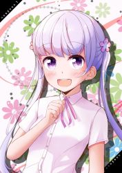 Rule 34 | 1girl, :d, blunt bangs, blush, chuutaro metal, copyright name, dress shirt, hair ornament, highres, long hair, looking at viewer, neck ribbon, new game!, open mouth, pink ribbon, purple eyes, ribbon, shirt, short sleeves, silver hair, smile, solo, suzukaze aoba, twintails, upper body, white shirt