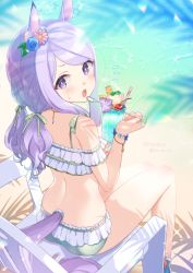 Rule 34 | 1girl, animal ears, bare shoulders, beach, bikini, blue flower, blue rose, blush, bow, chair, closed mouth, cup, dated, day, drink, feet out of frame, flower, food, green bikini, green bow, hair bow, hair flower, hair ornament, holding, holding cup, holding spoon, horse ears, horse girl, horse tail, koruri, light purple hair, long hair, low twintails, mejiro mcqueen (ripple fairlady) (umamusume), mejiro mcqueen (umamusume), ocean, open mouth, outdoors, pink flower, purple eyes, purple hair, rose, sand, see-through, sitting, solo, sparkle, spoon, striped, striped bow, swept bangs, swimsuit, tail, tongue, tongue out, tropical drink, twintails, twitter username, umamusume, water, white bikini