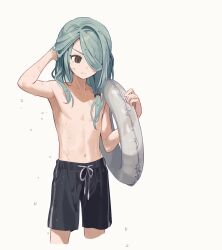 1boy arm_up armpits black_male_swimwear blue_hair brown_eyes closed_mouth commentary cropped_legs ebi_(shrimp_eleven) hair_over_one_eye hair_tie hand_in_own_hair hand_up holding inazuma_eleven_(series) innertube kazemaru_ichirouta long_hair male_focus male_swimwear navel simple_background solo swim_ring swim_trunks topless_male white_background