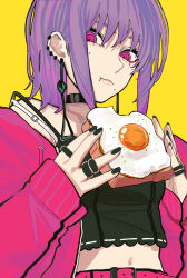 Rule 34 | 1girl, absurdres, black camisole, black choker, camisole, chainsaw man, chewing, choker, earrings, fami (chainsaw man), fried egg, fried egg on toast, frilled camisole, frills, highres, jacket, jewelry, looking at viewer, midriff, mole, mole under eye, mole under mouth, multiple moles, multiple rings, pink eyes, pink jacket, purple hair, ring, ringed eyes, sailen0, short hair, simple background, sleeves past wrists, solo, tassel, tassel earrings, yellow background