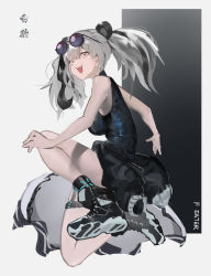 Rule 34 | 1girl, absurdres, animal ears, arknights, bare shoulders, black hair, black shirt, breasts, cleavage, cleavage cutout, clothing cutout, dress, eyewear on head, feater (arknights), full body, highres, large breasts, looking at viewer, multicolored hair, open mouth, panda ears, pascaldinger, shirt, shoes, silver hair, sleeveless, sleeveless shirt, smile, solo, streaked hair, sunglasses, twintails, white background