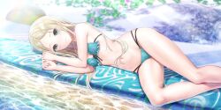 Rule 34 | 1girl, bikini, blonde hair, blue bikini, blue reflection (series), blue reflection sun, blush, breasts, day, feet out of frame, game cg, grey eyes, highres, kishida mel, long hair, looking at viewer, lying, morisaki alesia yu, navel, non-web source, on side, outdoors, parted bangs, skindentation, small breasts, solo, striped bikini, striped clothes, sunlight, swimsuit, vertical-striped bikini, vertical-striped clothes, water, wavy mouth