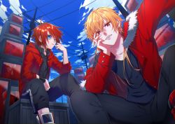 Rule 34 | 2boys, black pants, black shirt, blonde hair, blue eyes, box, copyright request, day, hand up, highres, ikurikaito, jacket, male focus, multiple boys, outdoors, pants, parted lips, power lines, red eyes, red hair, red jacket, selfie, shirt, sitting, television, utility pole