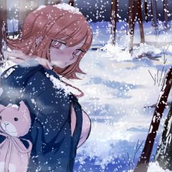 Rule 34 | 1girl, absurdres, animal bag, blush, breasts, bright pupils, closed mouth, danganronpa (series), forest, from side, highres, jacket, jacket on shoulders, large breasts, looking at viewer, looking to the side, nanami chiaki, nature, orange hair, ringed eyes, rye (hyn uka), short hair, snow, snow on head, solo, tree, upper body, white pupils