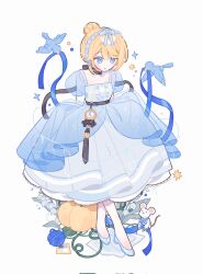 Rule 34 | 1girl, adapted costume, blonde hair, blue bow, blue dress, blue eyes, blue footwear, blue hairband, bow, chinese knot, cinderella, cinderella (disney), collarbone, dress, flower, glass slipper, hair bow, hair bun, hairband, highres, korean clothes, lia s2, lily of the valley, mouse (animal), pocket watch, puffy short sleeves, puffy sleeves, pumpkin, see-through, see-through sleeves, short sleeves, skirt hold, solo, tassel, watch