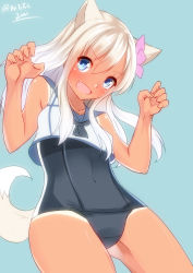 Rule 34 | 10s, 1girl, animal ears, bad id, bad pixiv id, bare shoulders, blonde hair, blue background, blue eyes, blush, claw pose, crop top, dog ears, dog tail, fang, flower, hair between eyes, hair flower, hair ornament, highres, kantai collection, long hair, looking at viewer, nebusoku, one-piece tan, open mouth, ro-500 (kancolle), sailor collar, school swimsuit, school uniform, serafuku, simple background, solo, swimsuit, swimsuit under clothes, tail, tan, tanline