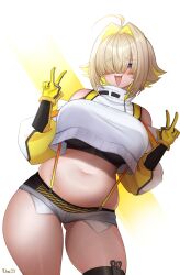 Rule 34 | 1girl, :3, absurdres, ahoge, black thighhighs, blonde hair, blush, breasts, cropped jacket, curvy, double v, elegg (nikke), fang, gloves, goddess of victory: nikke, hair intakes, hair over one eye, highres, jacket, large breasts, long sleeves, looking at viewer, micro shorts, navel, open mouth, plump, purple eyes, rina megakuma (artist), shiny skin, short hair, short shorts, shorts, simple background, skin fang, smile, solo, thick thighs, thighhighs, thighs, v, white jacket, wide hips, yellow gloves
