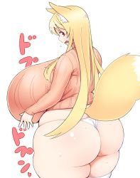 Rule 34 | 1girl, animal ears, ass, ass expansion, blonde hair, blush, breast expansion, breasts, dress, fat, fox ears, fox tail, from behind, futon7979, gigantic breasts, huge ass, long hair, looking at viewer, looking back, original, panties, plump, red eyes, sideboob, skindentation, solo, sweat, sweater, sweater dress, tail, thick thighs, thighs, turtleneck, turtleneck sweater, underwear, weight gain, white background, white panties, wide hips, yuzuno (futon)