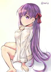 Rule 34 | 1girl, arm support, breasts, dress shirt, fate/stay night, fate (series), i.f.s.f, matou sakura, naked shirt, purple hair, shirt, simple background, solo, twitter username, type-moon, unbuttoned, unbuttoned shirt, white background