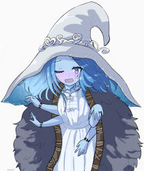 Rule 34 | 1girl, absurdres, blue eyes, blue hair, blue skin, blush, cape, cloak, coat, colored skin, crack, cracked skin, dress, elden ring, extra arms, fur cloak, fur coat, hat, highres, jewelry, long hair, looking at viewer, magui3, one eye closed, open mouth, ranni the witch, ring, solo, spoilers, wavy hair, witch, witch hat