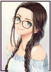 Rule 34 | 1girl, bare shoulders, black-framed eyewear, braid, brown hair, closed mouth, framed, glasses, green eyes, hair over shoulder, highres, kaijin-m, long hair, looking at viewer, low twintails, off-shoulder shirt, off shoulder, original, shirt, smile, solo, twin braids, twintails, upper body, white shirt