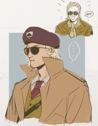 Rule 34 | ..., 1boy, :d, age comparison, beret, blonde hair, coat, commentary, english commentary, english text, facial hair, grimace, hat, kazuhira miller, male focus, metal gear (series), metal gear solid: peace walker, metal gear solid v: the phantom pain, multiple views, open mouth, parted lips, red neckwear, res (spkofthdvl), shirt, smile, spoken ellipsis, sunglasses, upper body, vest, white shirt