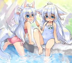 Rule 34 | 2girls, :d, animal ears, bare shoulders, barefoot, bikini, blue eyes, blue hair, blue one-piece swimsuit, blush, commentary, day, fang, flower, fox ears, fox tail, hair flower, hair ornament, long hair, multiple girls, one-piece swimsuit, open mouth, original, outdoors, pink bikini, siblings, sisters, sitting, smile, soaking feet, sweat, swimsuit, tail, toba hiyoko, tongue, tongue out, twins, two side up, water, wolf ears