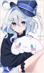 Rule 34 | 1girl, ahoge, blue eyes, blue hair, blue hat, casual, cinnamoroll, contemporary, furina (genshin impact), genshin impact, hair between eyes, hat, highres, holding, holding stuffed toy, light blue hair, long hair, long sleeves, looking at viewer, multicolored hair, pomepome1207, sanrio, smile, solo, stuffed animal, stuffed toy, top hat, wavy hair, white hair