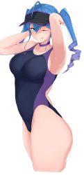 Rule 34 | 1girl, absurdres, ahoge, arm behind head, armpits, arms up, black one-piece swimsuit, blue eyes, blue hair, choker, commentary request, competition swimsuit, cowboy shot, drill hair, highleg, highleg swimsuit, highres, long hair, looking at viewer, maruyaa (malya1006), one-piece swimsuit, one eye closed, original, purple choker, simple background, solo, standing, swimsuit, twin drills, twintails, visor cap, white background