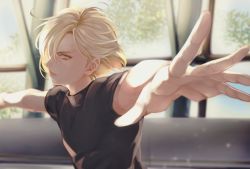 Rule 34 | 1boy, bare arms, bishounen, black shirt, blonde hair, blurry, day, depth of field, floating hair, glass, green eyes, indoors, looking away, male focus, outstretched arms, palms, parted lips, profile, shirt, short sleeves, solo, spread arms, spread fingers, takashi (huzakenna), toned, toned male, turtleneck, upper body, yuri!!! on ice, yuri plisetsky