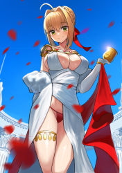 Rule 34 | 1girl, absurdres, ahoge, bad id, bad pixiv id, bare shoulders, blonde hair, blue sky, blush, braid, breasts, chalice, cleavage, closed mouth, cup, dress, fate/extra, fate/grand order, fate (series), french braid, green eyes, hair bun, hair intakes, hair ribbon, heroic spirit formal dress, highres, jewelry, large breasts, long hair, long sleeves, looking at viewer, necklace, nero claudius (fate), nero claudius (fate) (all), nero claudius (fate/extra), nero claudius (formal dress) (fate), official alternate costume, onedoo, panties, petals, red panties, red ribbon, ribbon, sash, single hair bun, skindentation, sky, smile, solo, thighlet, thighs, underwear, white dress