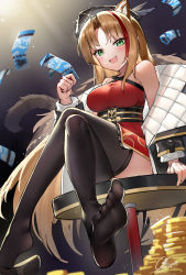Rule 34 | 1girl, animal ears, arknights, beret, black thighhighs, blonde hair, blush, crossed legs, feet, green eyes, hat, highres, holding, holding money, long hair, looking at viewer, money, multicolored hair, official alternate costume, open mouth, see-through, see-through legwear, shoe dangle, shoes, unworn shoes, single shoe, sitting, soles, solo, streaked hair, swire (arknights), swire (honor and splendor) (arknights), thighhighs, toes