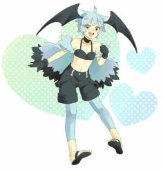 Rule 34 | 10s, 1girl, ahoge, bad id, bad pixiv id, bare shoulders, blue hair, coat, creatures (company), flat chest, full body, game freak, gen 5 pokemon, gloves, halterneck, happy, head wings, heart, heart-shaped pupils, jumping, navel, nintendo, open mouth, ouse (otussger), pink eyes, pokemon, pokemon (creature), pokemon bw, sandals, short hair, shorts, simple background, solo, symbol-shaped pupils, teeth, thighhighs, white background, wings, woobat
