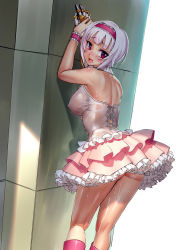 Rule 34 | 1girl, against wall, ass, blush, breasts, dress, flower knight girl, hairband, kneepits, large breasts, looking at viewer, looking back, pink eyes, royal princess (flower knight girl), sasayuki, short hair, silver hair, sleeveless, solo, wet, wet clothes, wrist cuffs