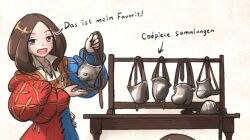 Rule 34 | 1girl, blue eyes, brown hair, clothes rack, codpiece, holding, ironlily, landsknecht, landsknecht (ironlily), long sleeves, original, puffy long sleeves, puffy sleeves, solo, table, translation request, wooden table