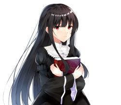 Rule 34 | 1girl, :|, absurdres, black dress, black hair, blush, book, closed mouth, crossed arms, dress, highres, holding, holding book, long hair, long sleeves, looking at viewer, original, puffy long sleeves, puffy sleeves, red eyes, simple background, solo, tamatabe, upper body, very long hair, white background