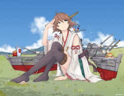 Rule 34 | 1girl, absurdres, anti-aircraft, anti-aircraft gun, bananamaru, bare shoulders, black thighhighs, brown hair, burger, cannon, cup, detached sleeves, disposable cup, drinking straw, flipped hair, food, french fries, frilled skirt, frills, grass, green skirt, grey eyes, headgear, hiei (kancolle), hiei kai ni (kancolle), highres, japanese clothes, kantai collection, knees up, legs, mast, no shoes, nontraditional miko, plaid, plaid skirt, ribbon-trimmed sleeves, ribbon trim, rigging, short hair, signal flag, sitting, skirt, smokestack, solo, thighhighs, turret, twitter username