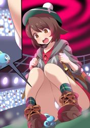 Rule 34 | 1girl, backpack, bag, blush, bob cut, boots, brown eyes, brown footwear, brown hair, cardigan, close-up, creatures (company), crowd, dress, dynamax, game freak, gen 8 pokemon, giant, giantess, gloria (pokemon), green headwear, green legwear, grey cardigan, hair between eyes, hat, highres, holding strap, konno tohiro, long sleeves, looking at another, looking down, looking up, nintendo, on floor, open mouth, panties, pantyshot, pink dress, pokemon, pokemon (creature), pokemon swsh, short hair, sitting, size difference, smile, sobble, socks, stadium, sweatdrop, tam o&#039; shanter, thighs, underwear, white panties